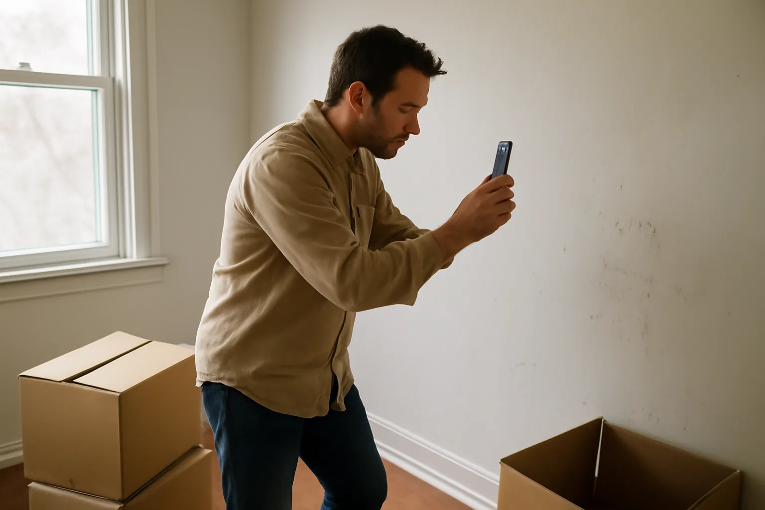 Landlord photographing wall damage for a rental condition report during move-out