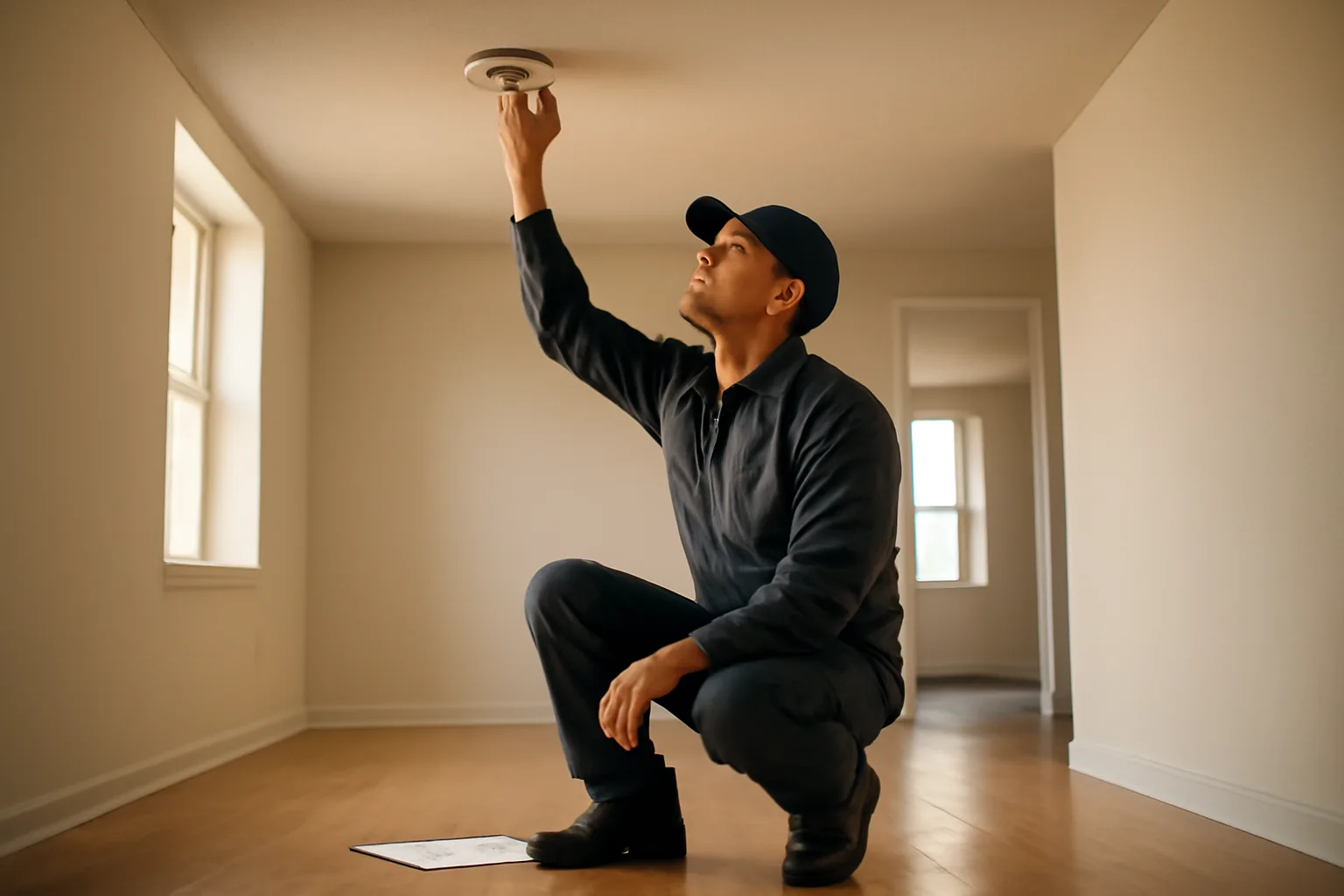Landlord checking a smoke detector during a rental home inspection in an empty apartment