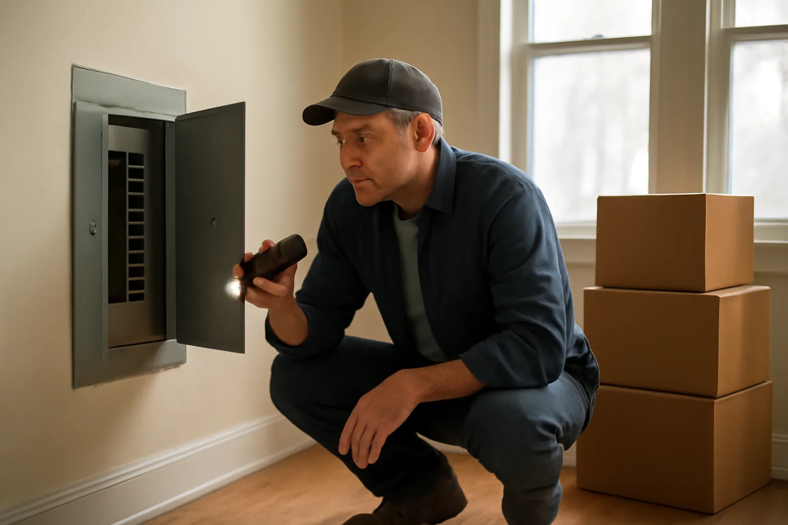 Landlord inspecting an electrical panel during a rental house checklist walk-through