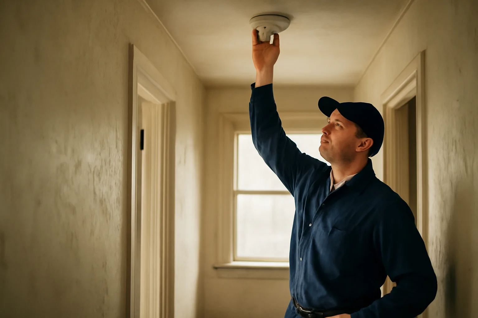 Inspector checking a smoke detector during a rental housing inspection in an apartment hallway