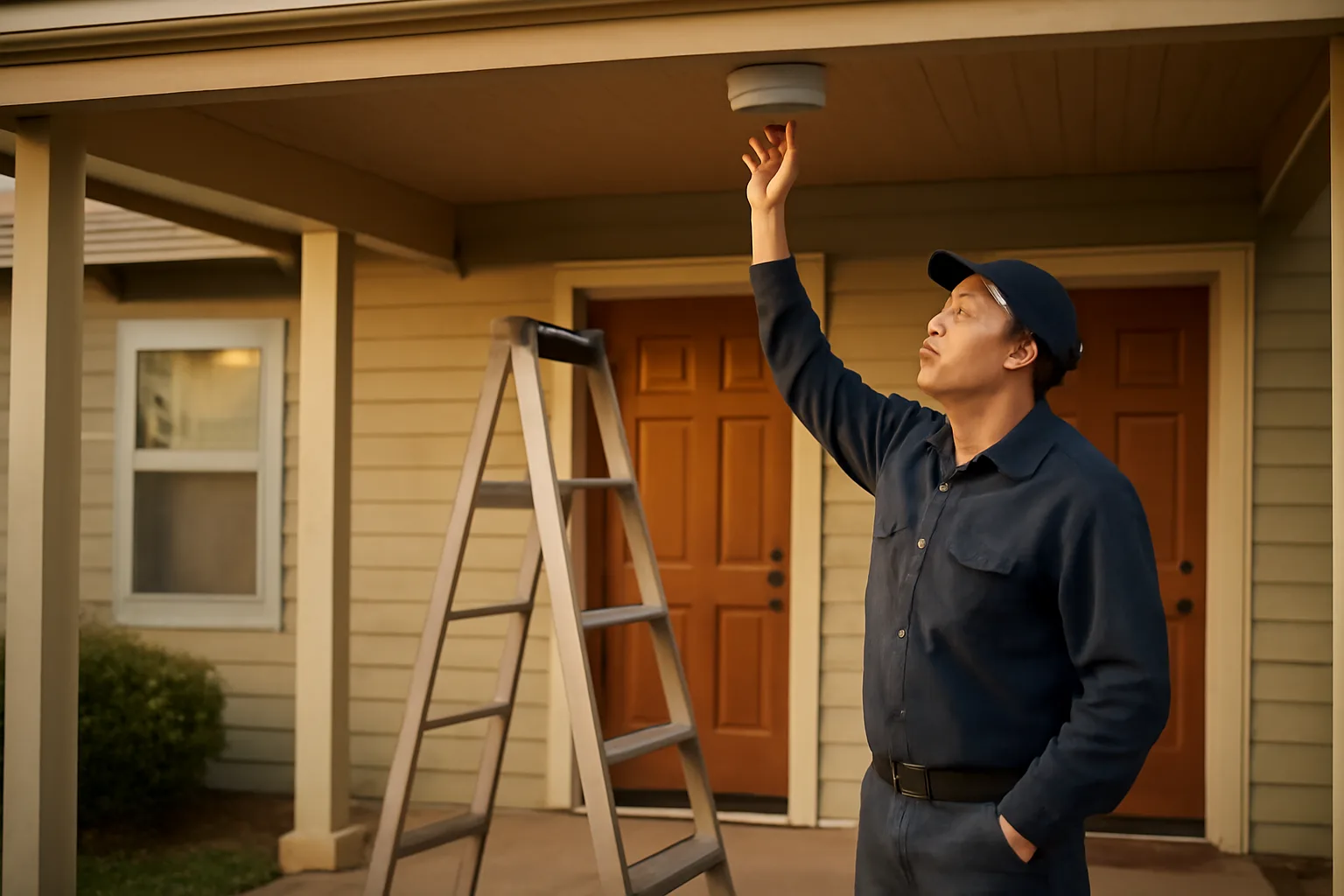 Landlord checking a smoke detector during a rental housing safety program inspection