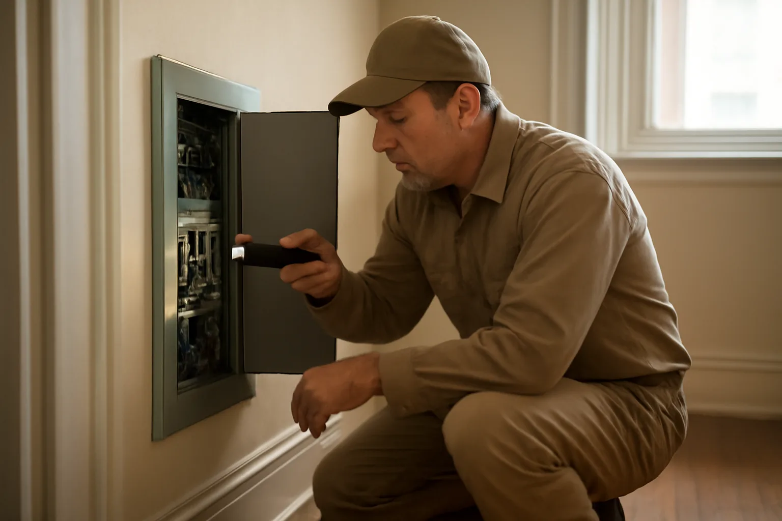 Landlord inspecting an electrical panel during a rental inspection checklist walk-through