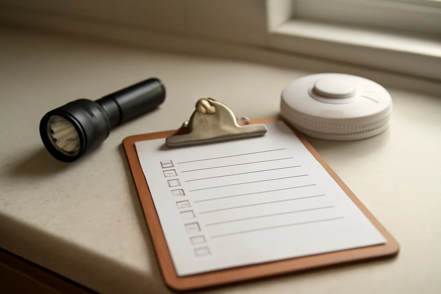 Clipboard and smoke detector on a counter representing a rental inspection form checklist