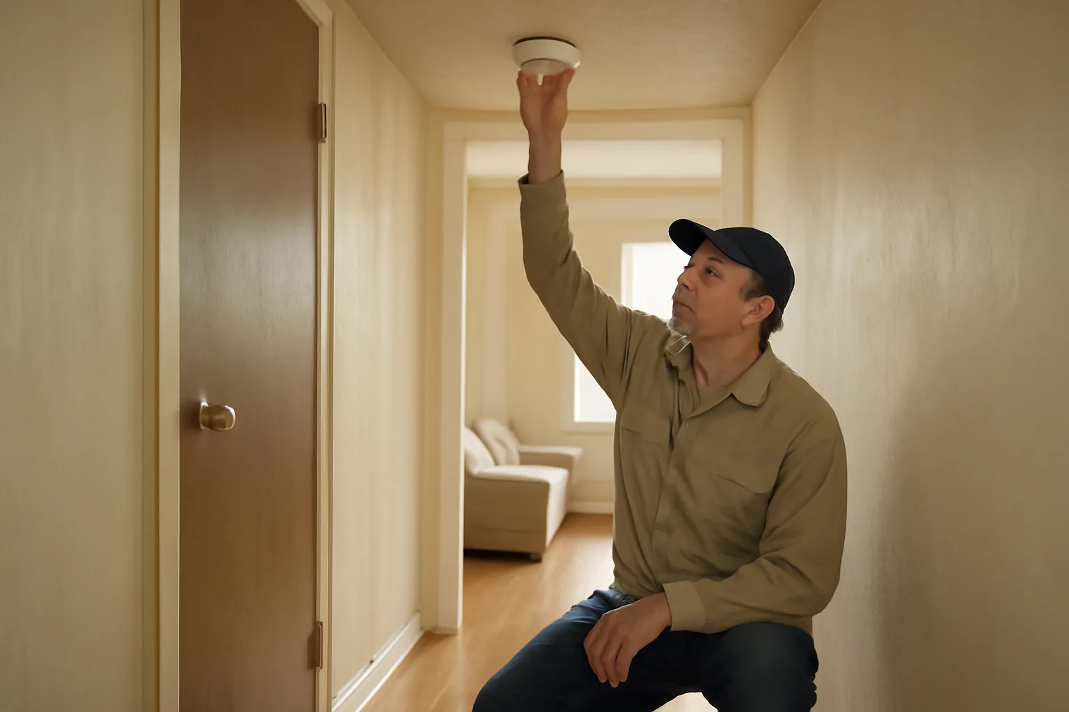 rental inspector checking a smoke alarm during a city housing inspection