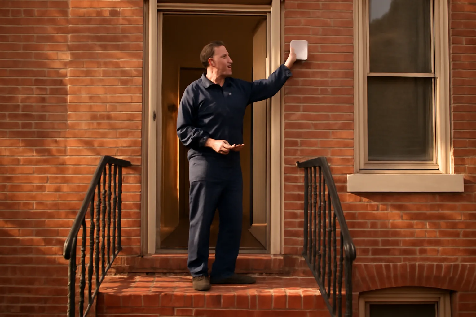 Landlord checking a smoke detector in a DC rowhouse rental unit hallway