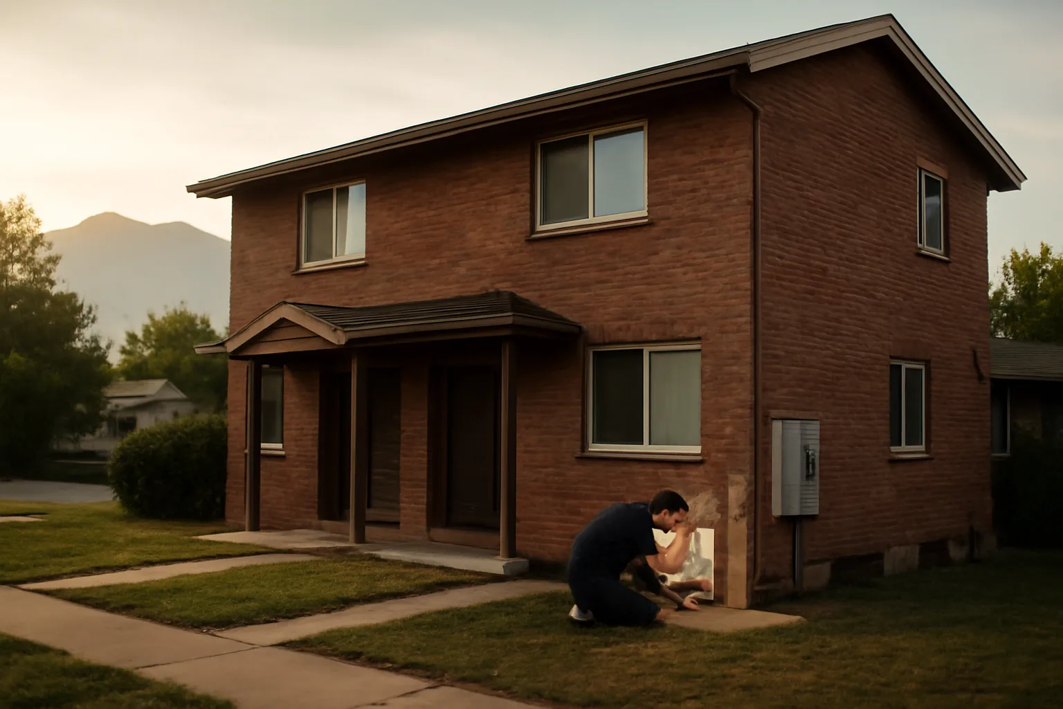 Landlord inspecting an electrical panel outside a Colorado rental duplex before licensing inspection