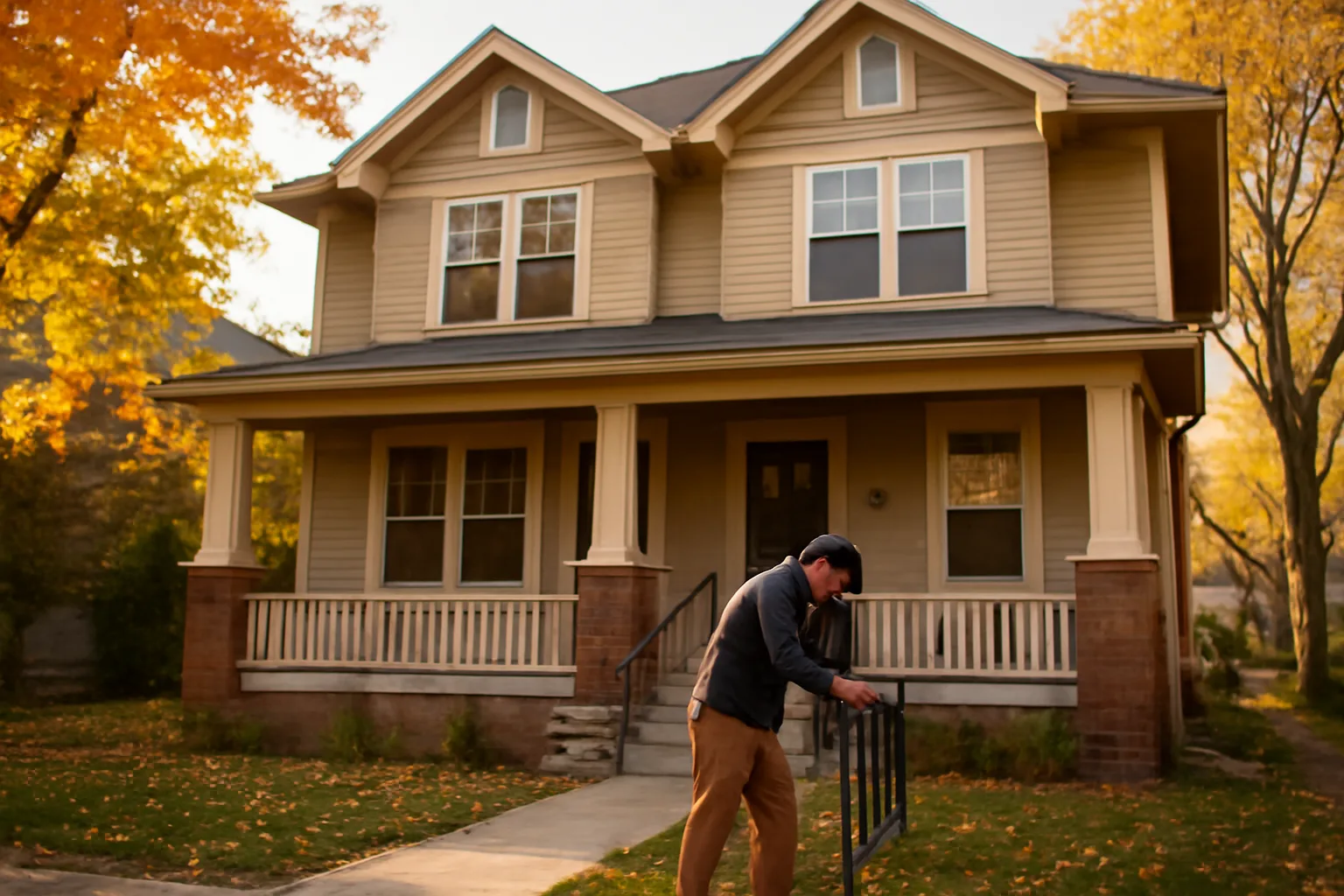 Landlord inspecting a porch handrail on a Minneapolis rental duplex in fall light