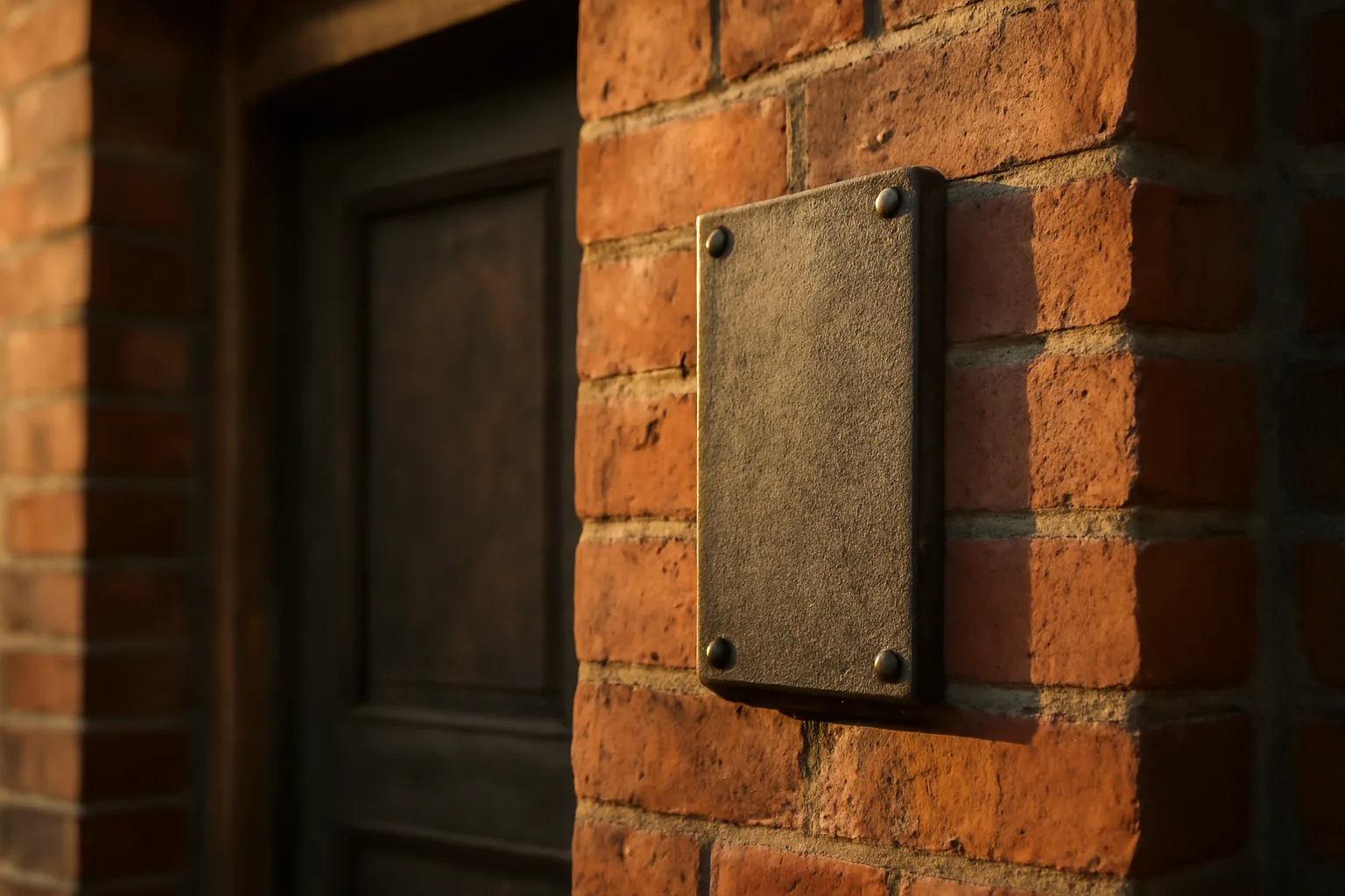 Metal compliance plaque mounted beside a rental apartment entrance door