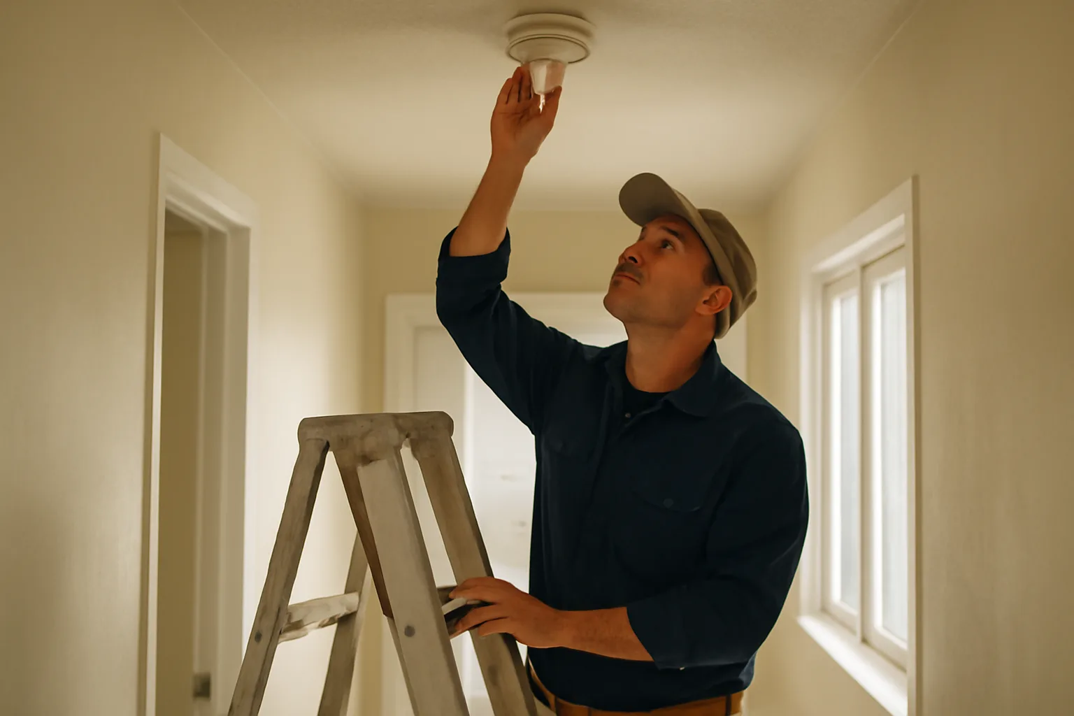 Landlord checking a smoke detector during a rental license inspection walk-through