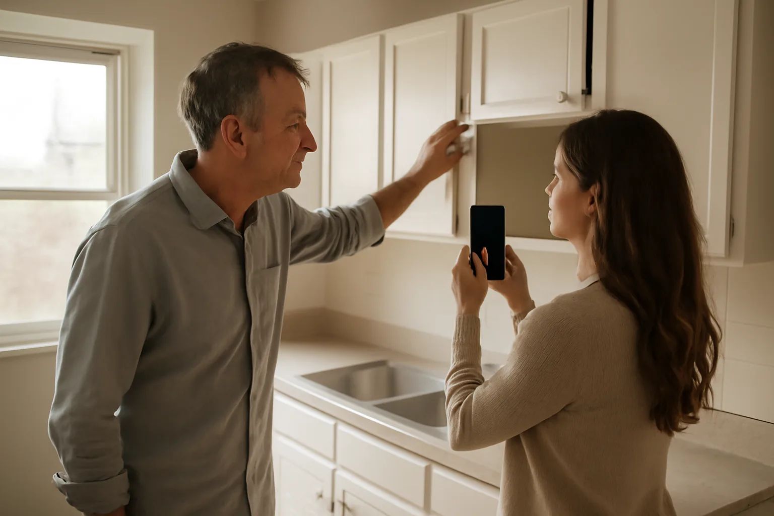 Landlord and tenant photographing kitchen cabinet condition during a rental move-in inspection