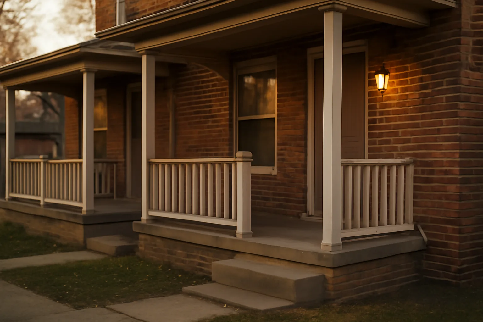 Brick duplex rental property exterior on a residential Omaha street in afternoon light
