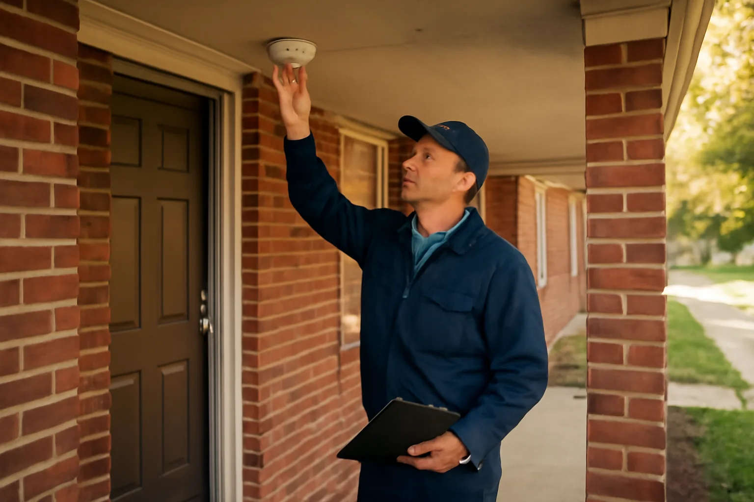 Landlord inspecting a smoke detector on an Omaha rental property porch in morning light