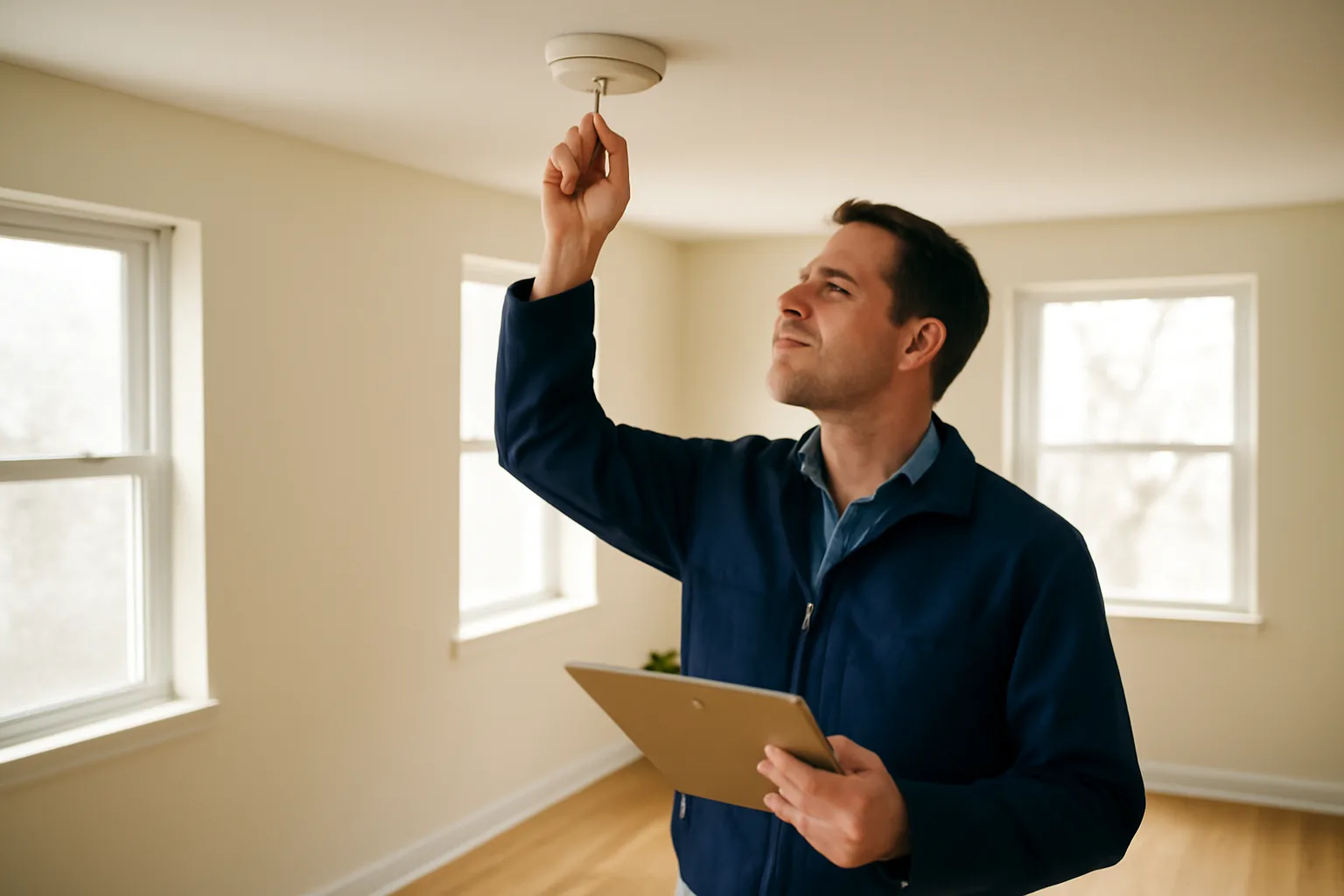 Landlord checking a smoke detector during a rental property inspection walk-through