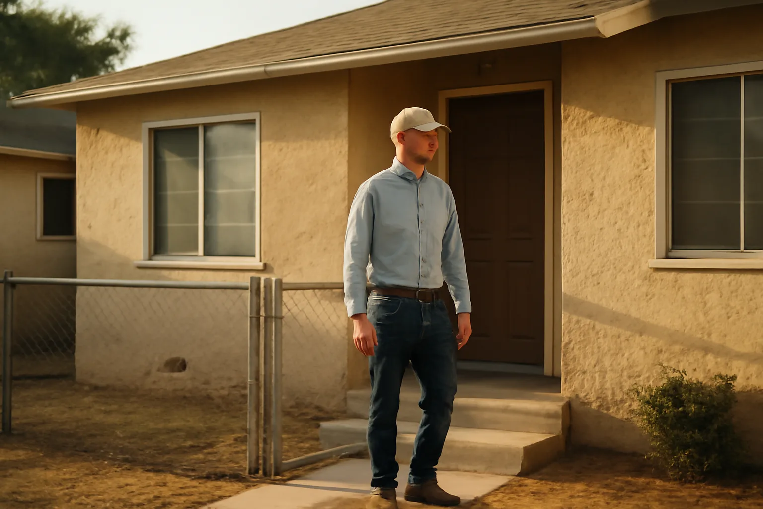 Inspector standing at the entrance of a California rental duplex during daylight