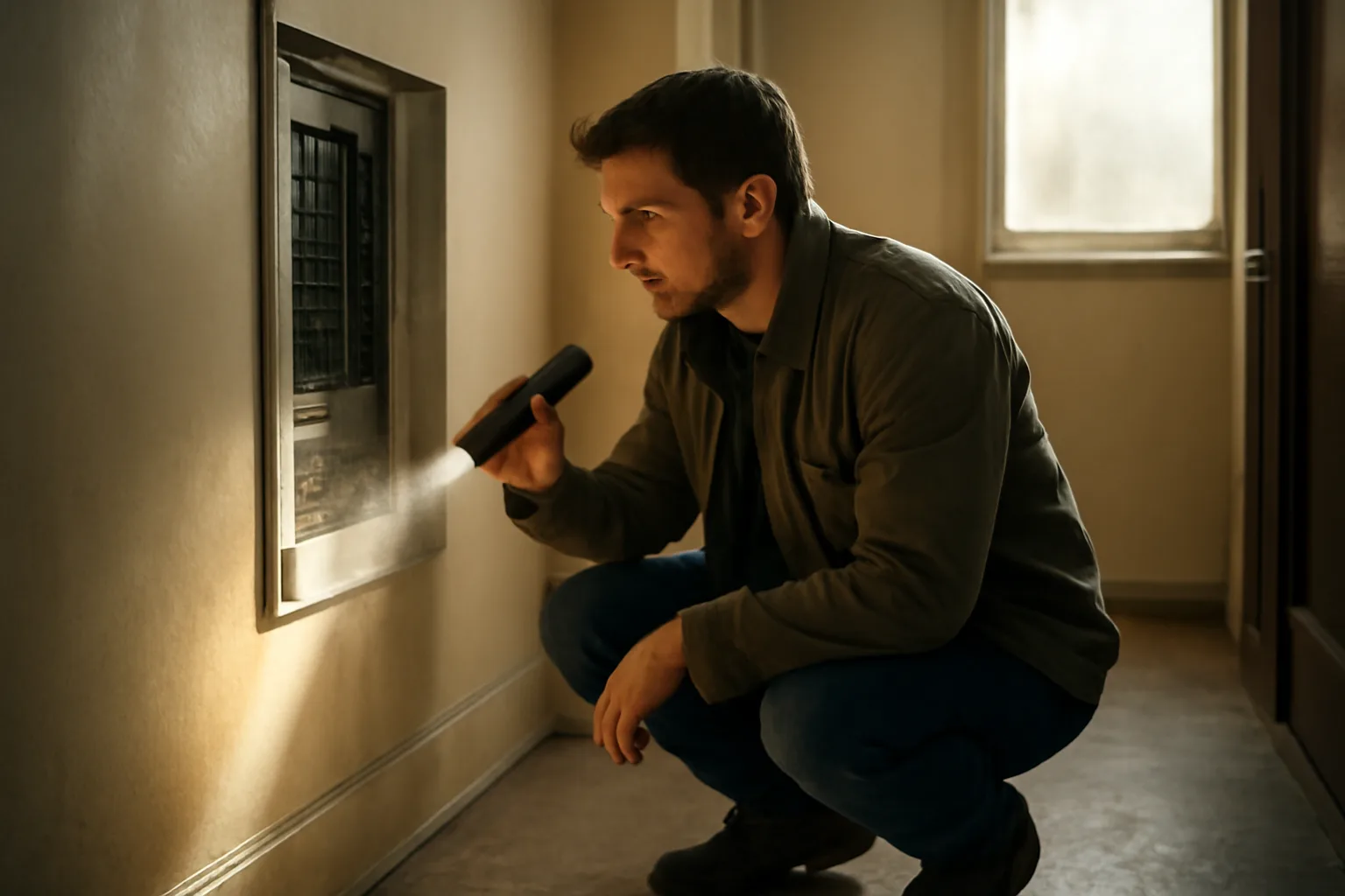Inspector examining an electrical panel during a rental property inspection in an apartment hallway
