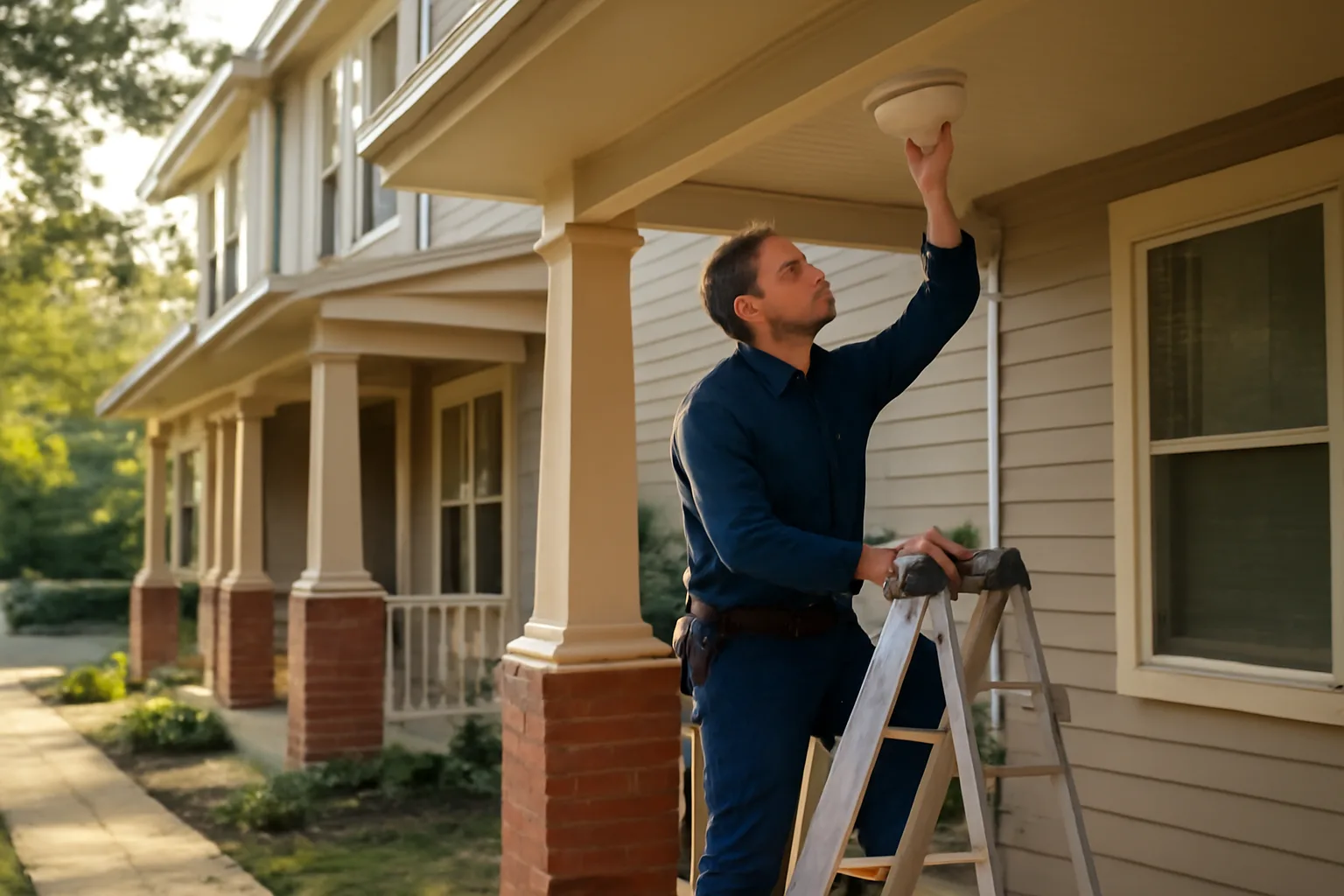 Landlord checking a smoke detector during a rental property licensing inspection prep visit