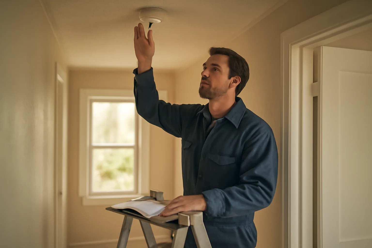 Landlord testing a smoke detector during a rental property registration inspection