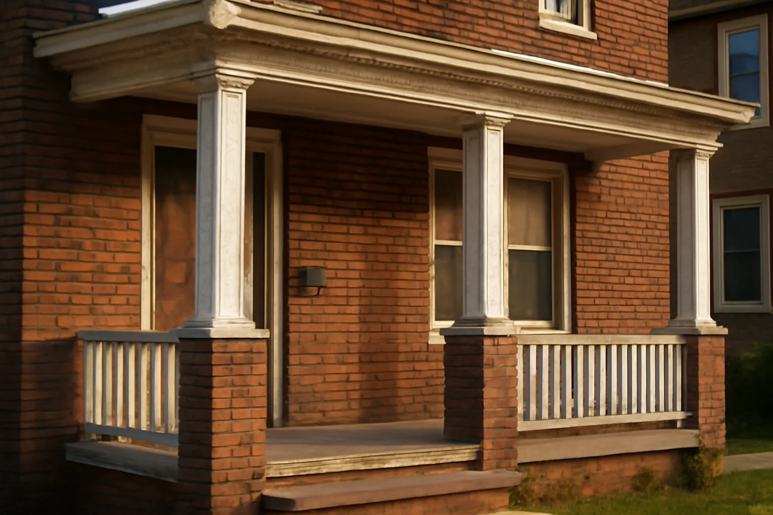 Brick Cleveland duplex rental property with worn porch trim in afternoon light