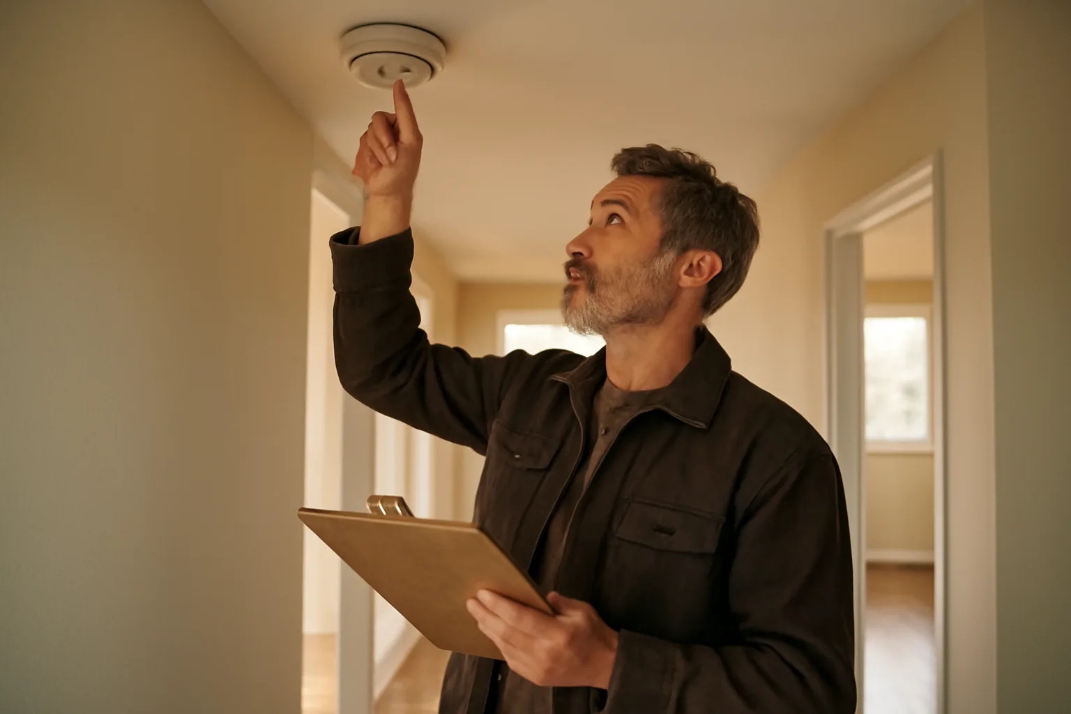 Landlord checking a smoke detector during a rental property inspection walkthrough