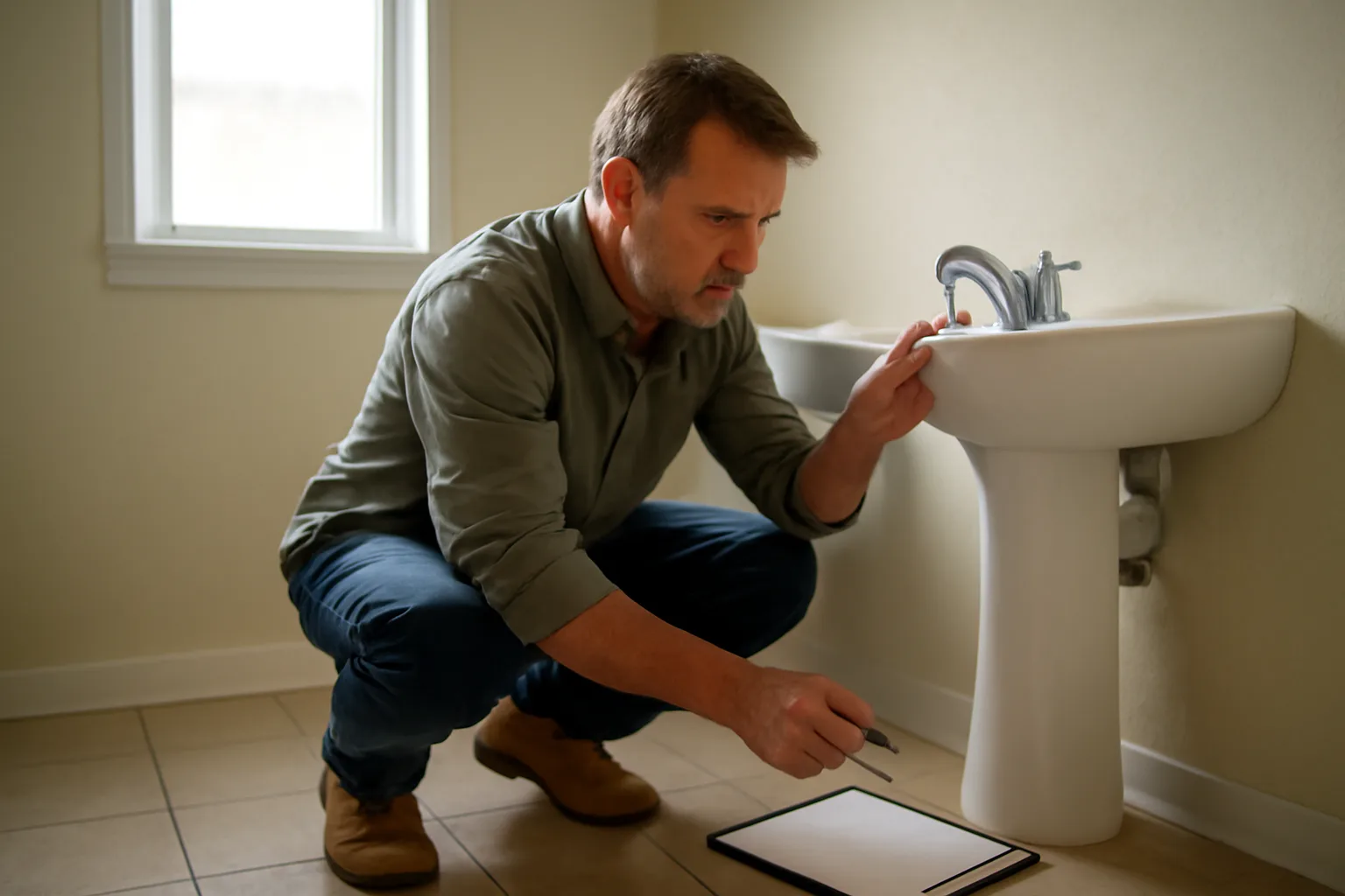 Landlord inspecting a bathroom faucet during an empty apartment rental walkthrough
