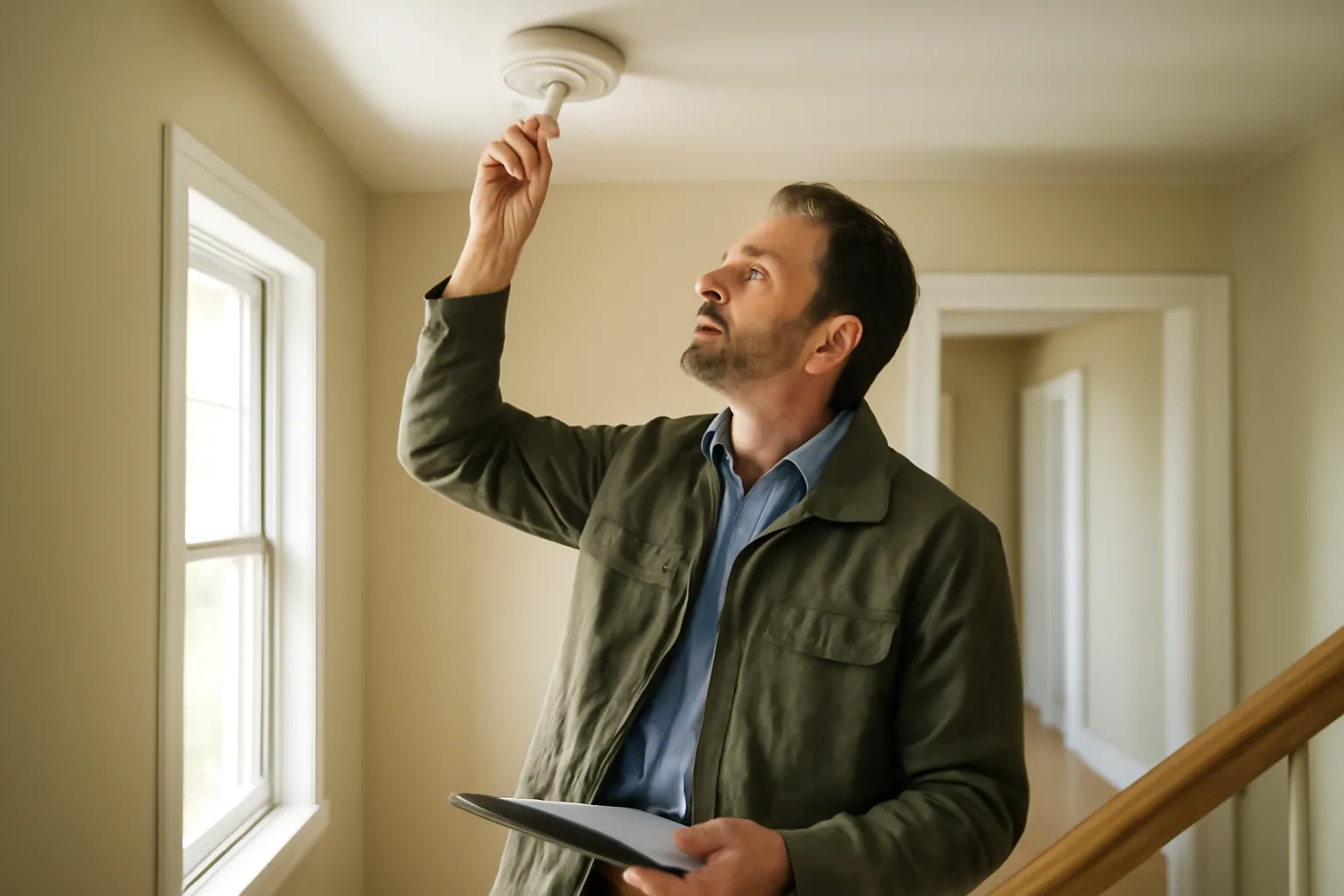 Inspector checking a smoke detector during a rental house inspection walkthrough