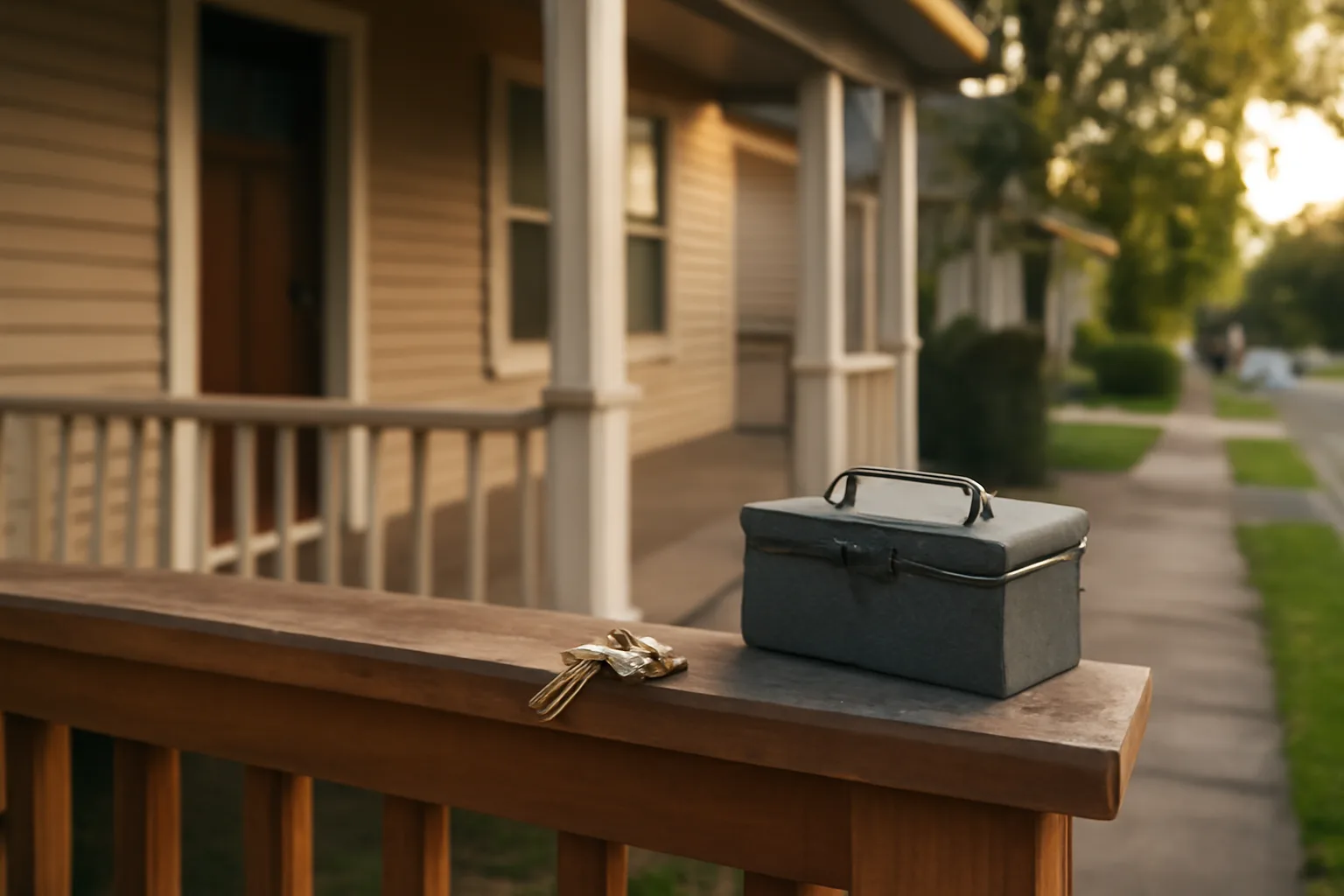 Duplex porch with keys and toolbox representing landlord rental licensing responsibilities