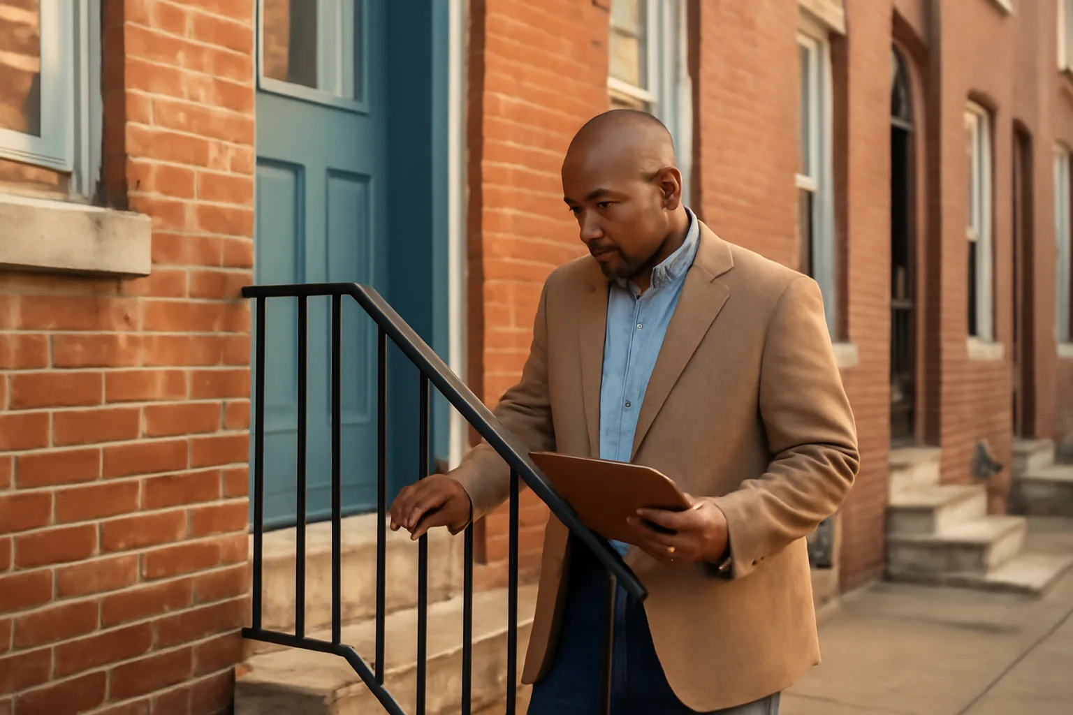 Landlord inspecting a Philadelphia rowhouse stoop before renting the unit