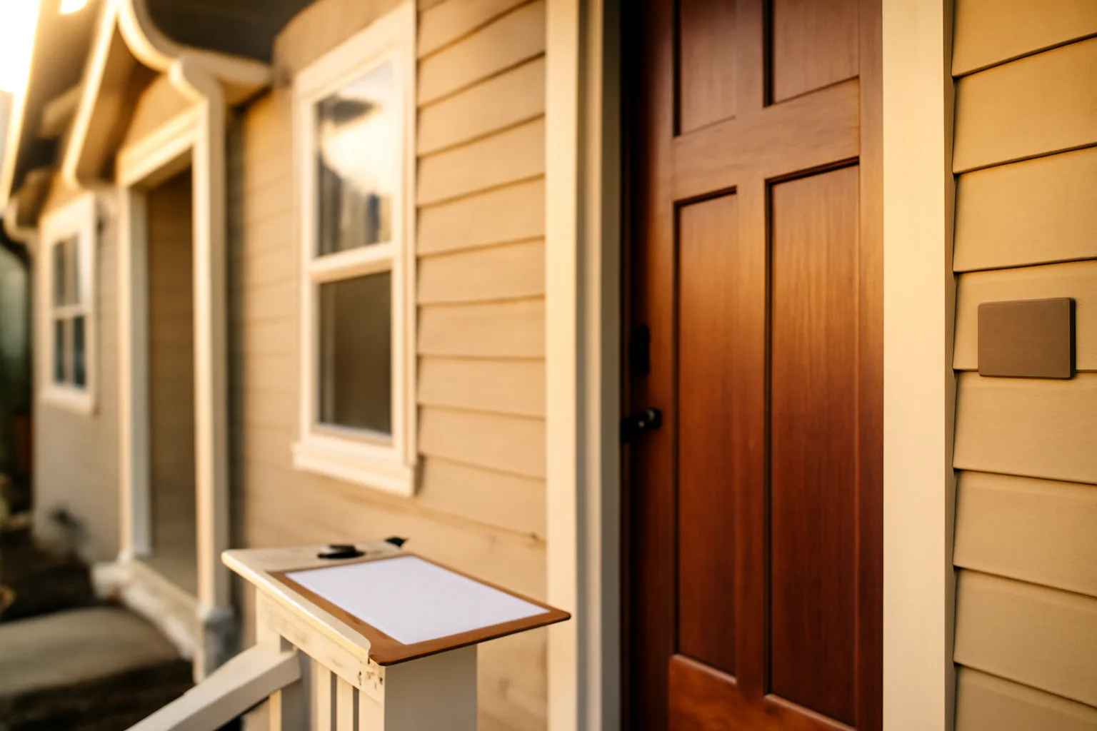 Front porch of a small rental duplex with a clipboard, representing renting permit compliance