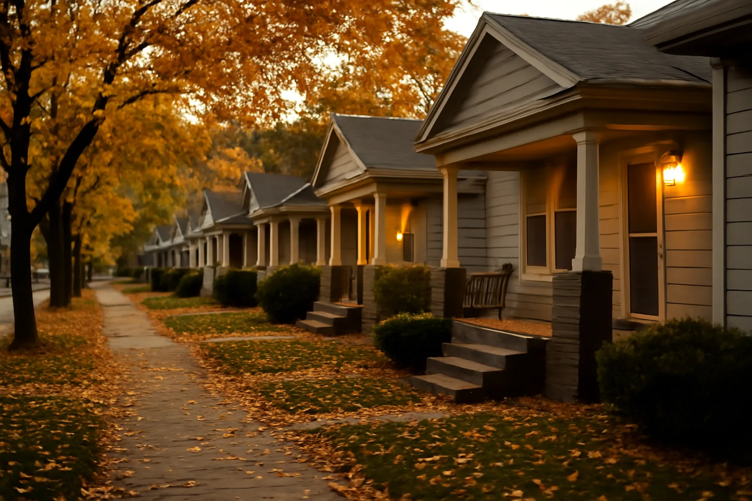 Row of small rental duplex houses on a quiet street near Provo, Utah at dusk