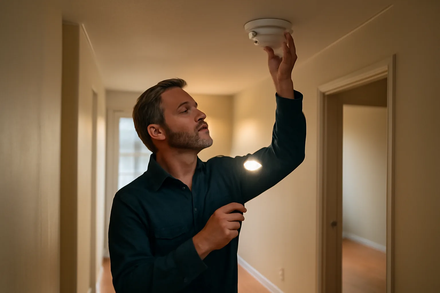 Landlord checking a smoke detector during a rental unit inspection walkthrough