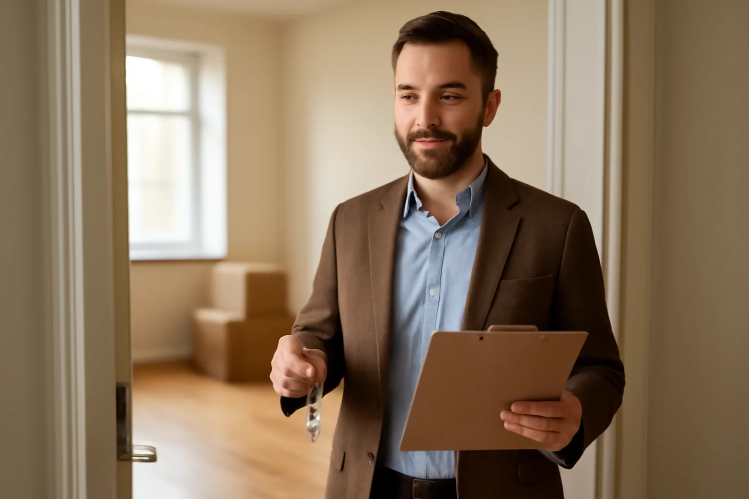 Landlord with clipboard standing in doorway of an empty rental unit
