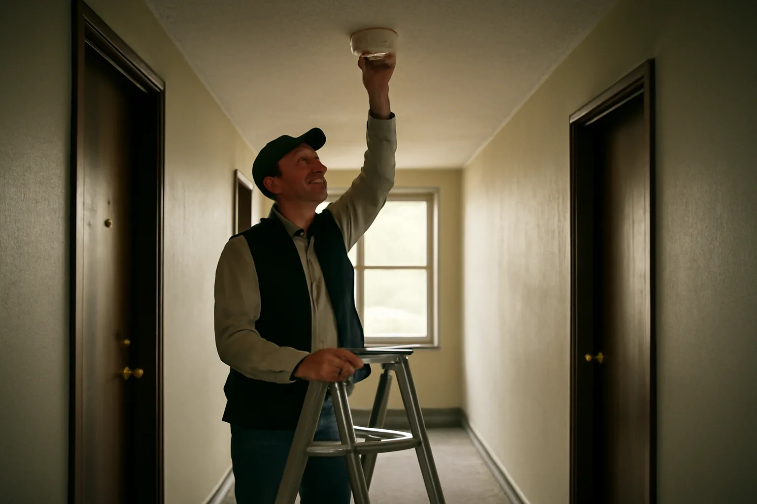 Inspector checking a smoke detector during a Sacramento rental housing inspection walkthrough