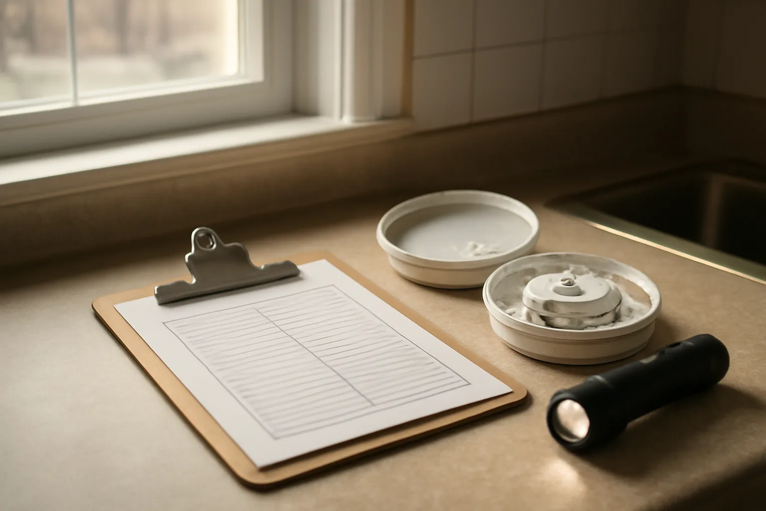 Inspector tools on a counter during a rental safety inspection walkthrough