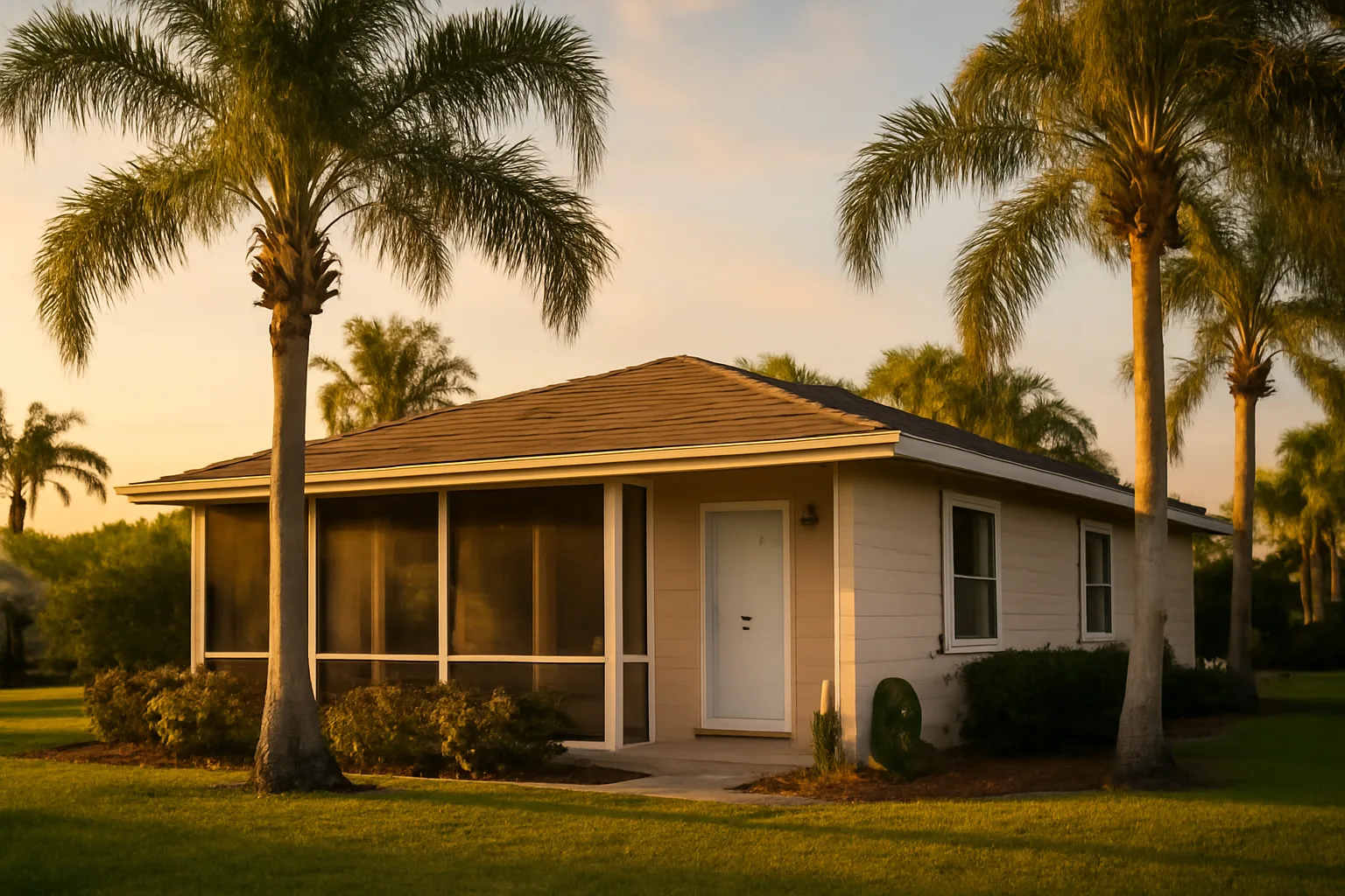 Sarasota vacation rental bungalow exterior with palm trees at golden hour