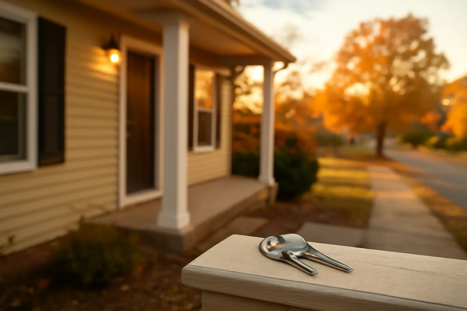 Front porch of a South Carolina rental house at dusk with keys on railing