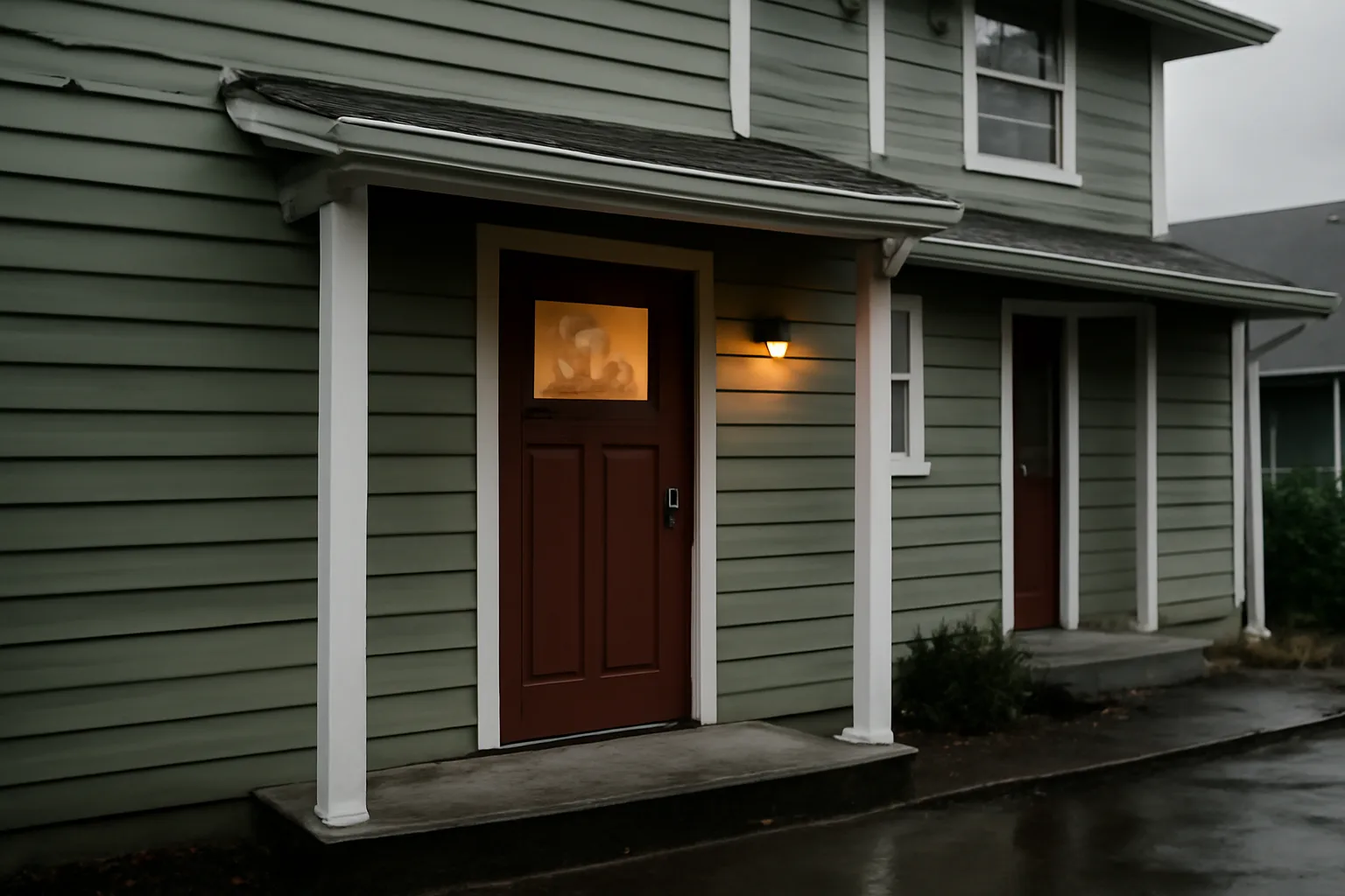 Seattle rental duplex exterior in morning light showing entry door and window