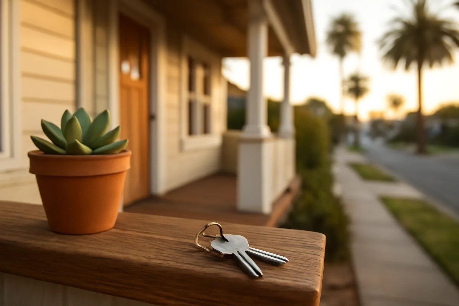 California bungalow porch with keys on railing, representing a short-term rental license property