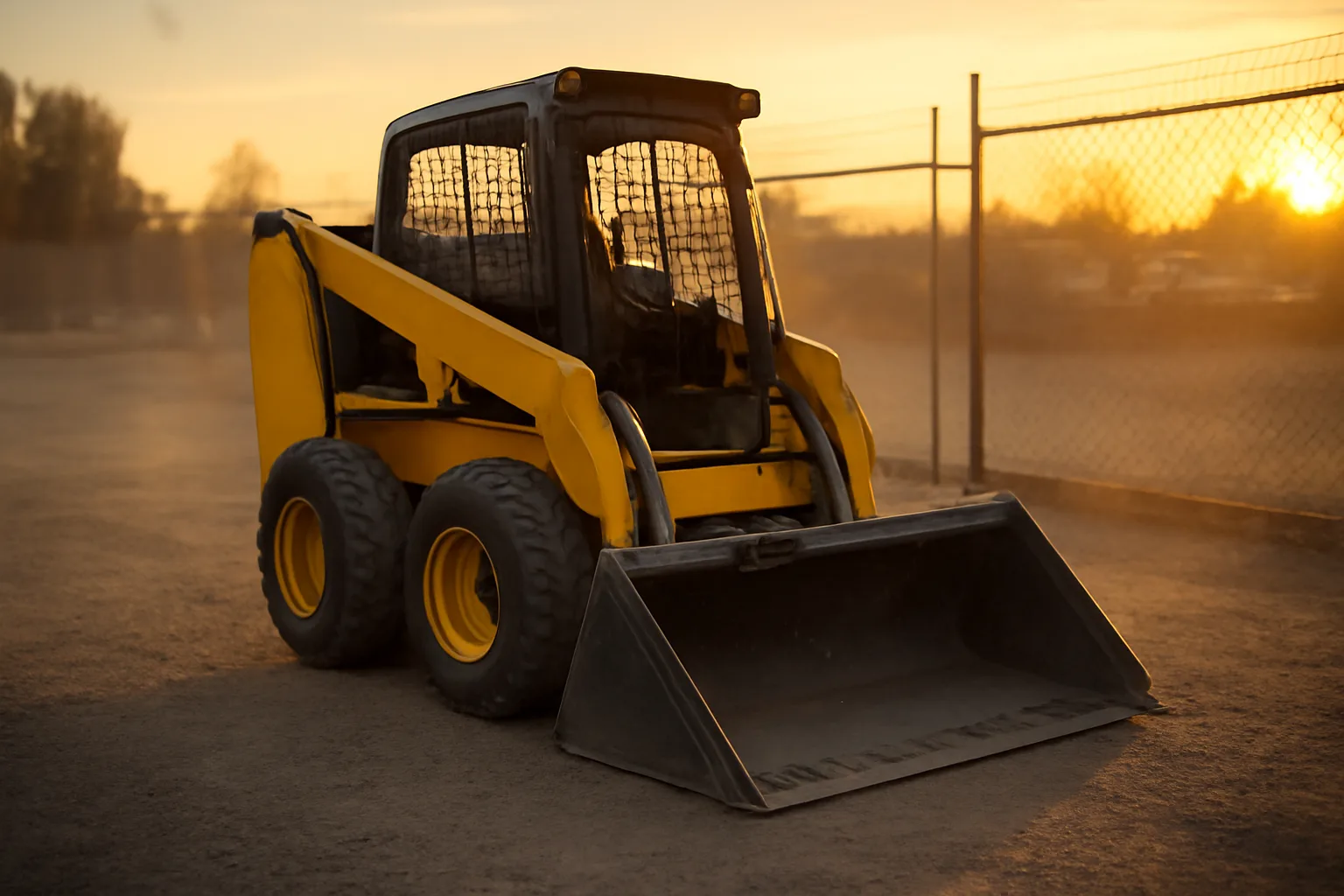 Yellow skid steer loader parked on gravel at a rental equipment yard