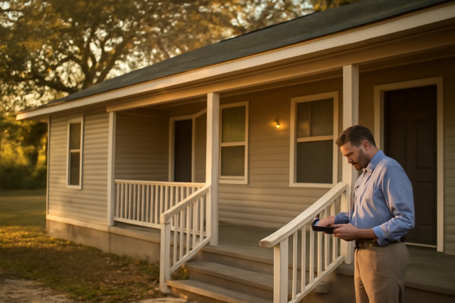 Landlord inspecting a small rental duplex exterior under South Carolina tenant act rules