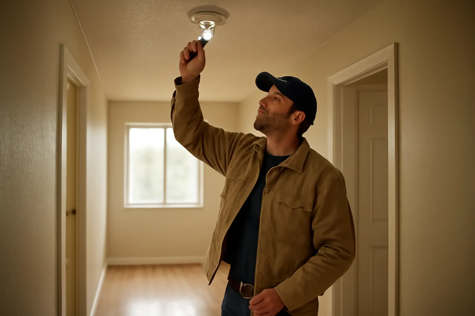 Landlord inspecting a smoke detector during a rental property walkthrough