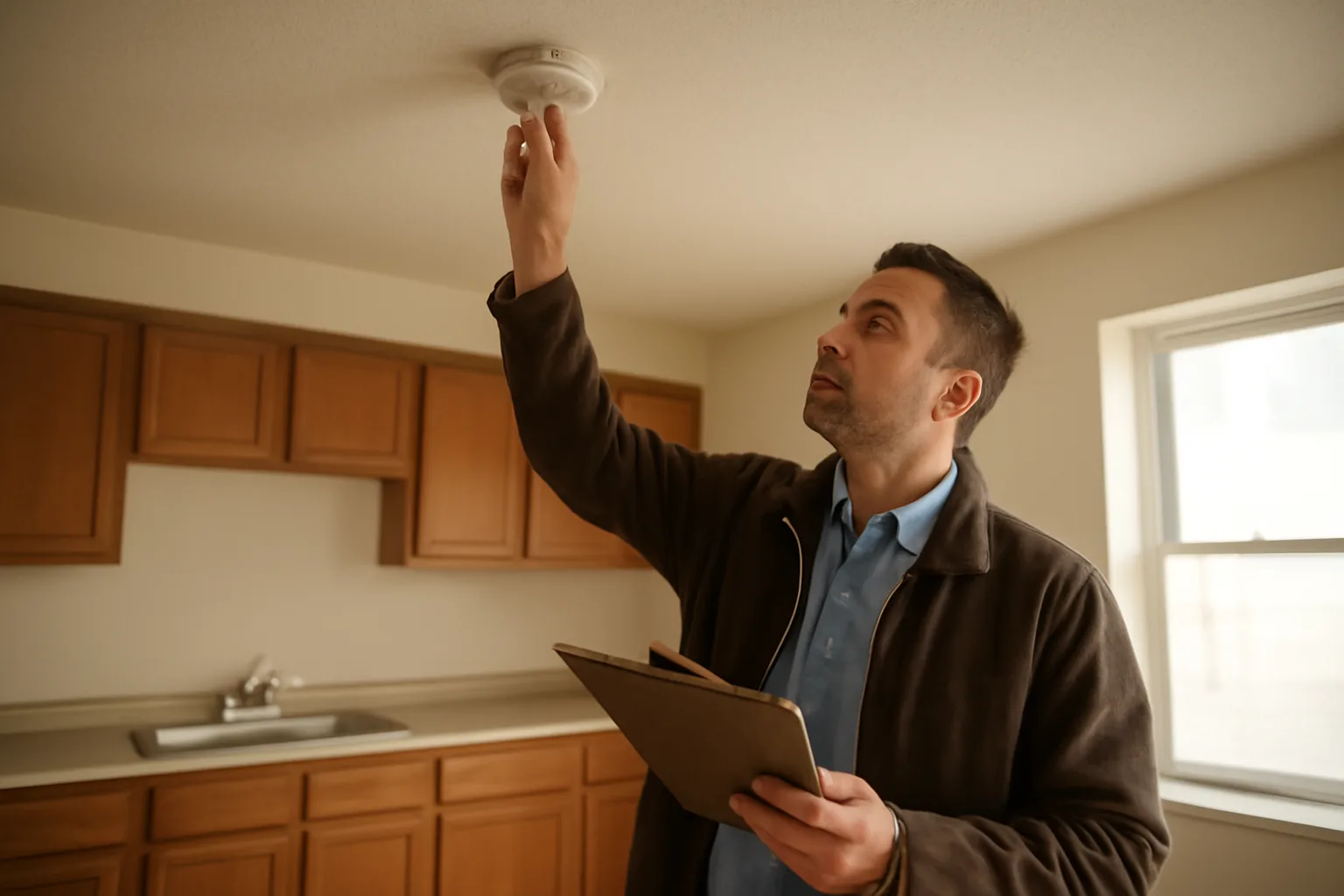 Landlord checking a smoke detector during a rental unit inspection walk-through