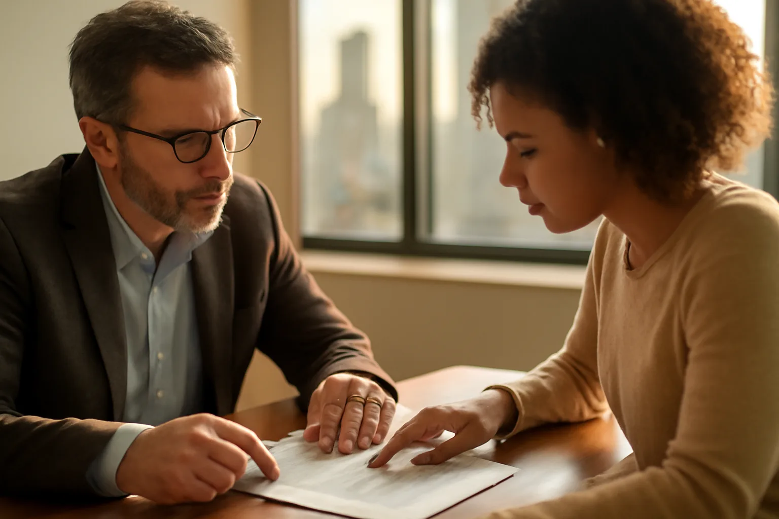 Landlord and tenant reviewing a signed rental contract at a desk