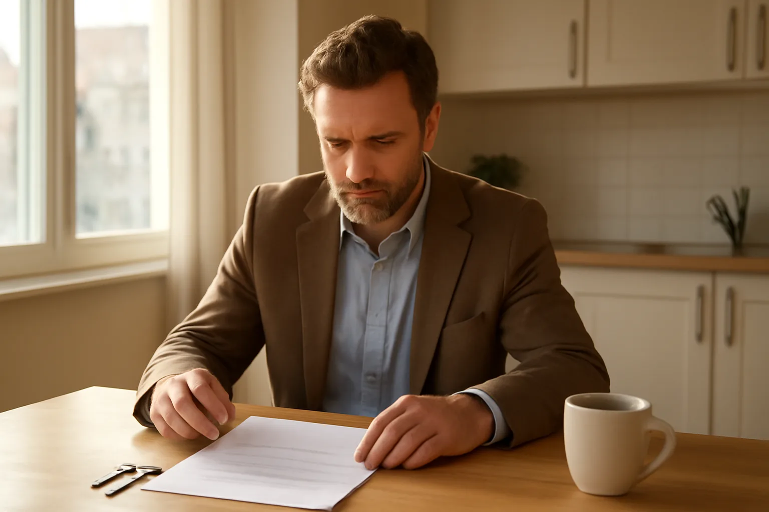 Landlord reviewing signed lease paperwork at a table with keys nearby