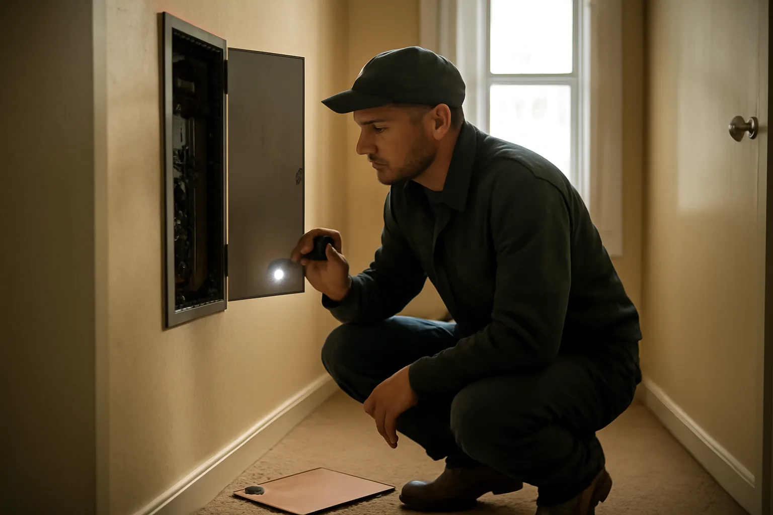 Landlord using a tenant inspection checklist while examining an electrical panel in a rental unit