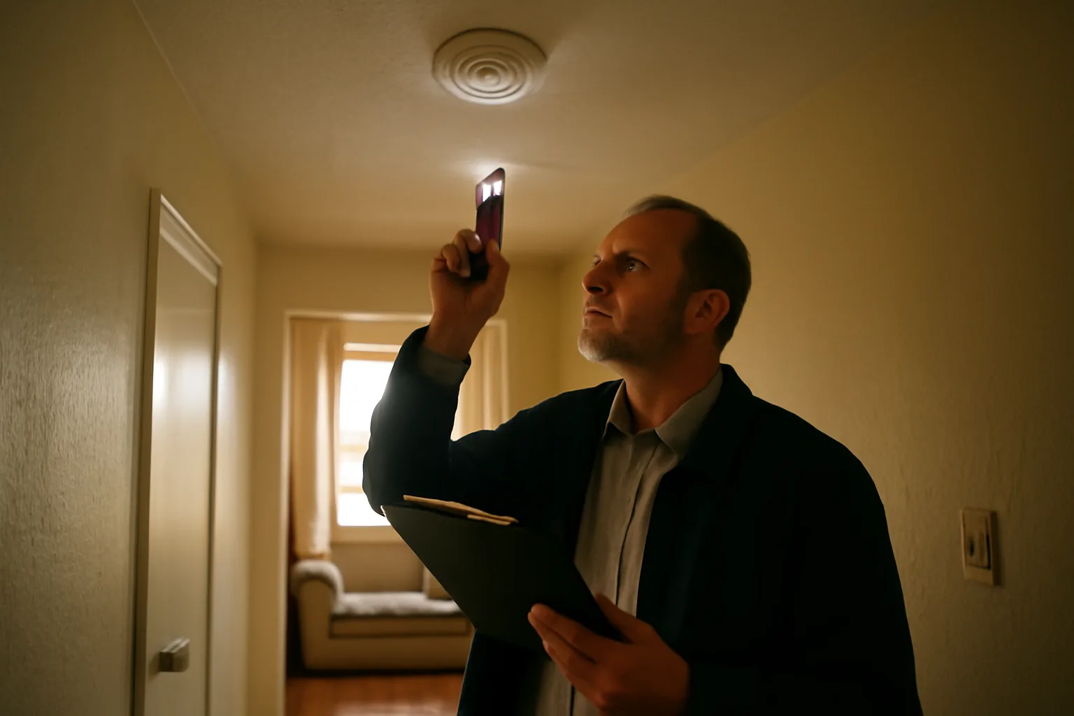 Landlord using a tenant inspection list to check a smoke detector in a rental unit