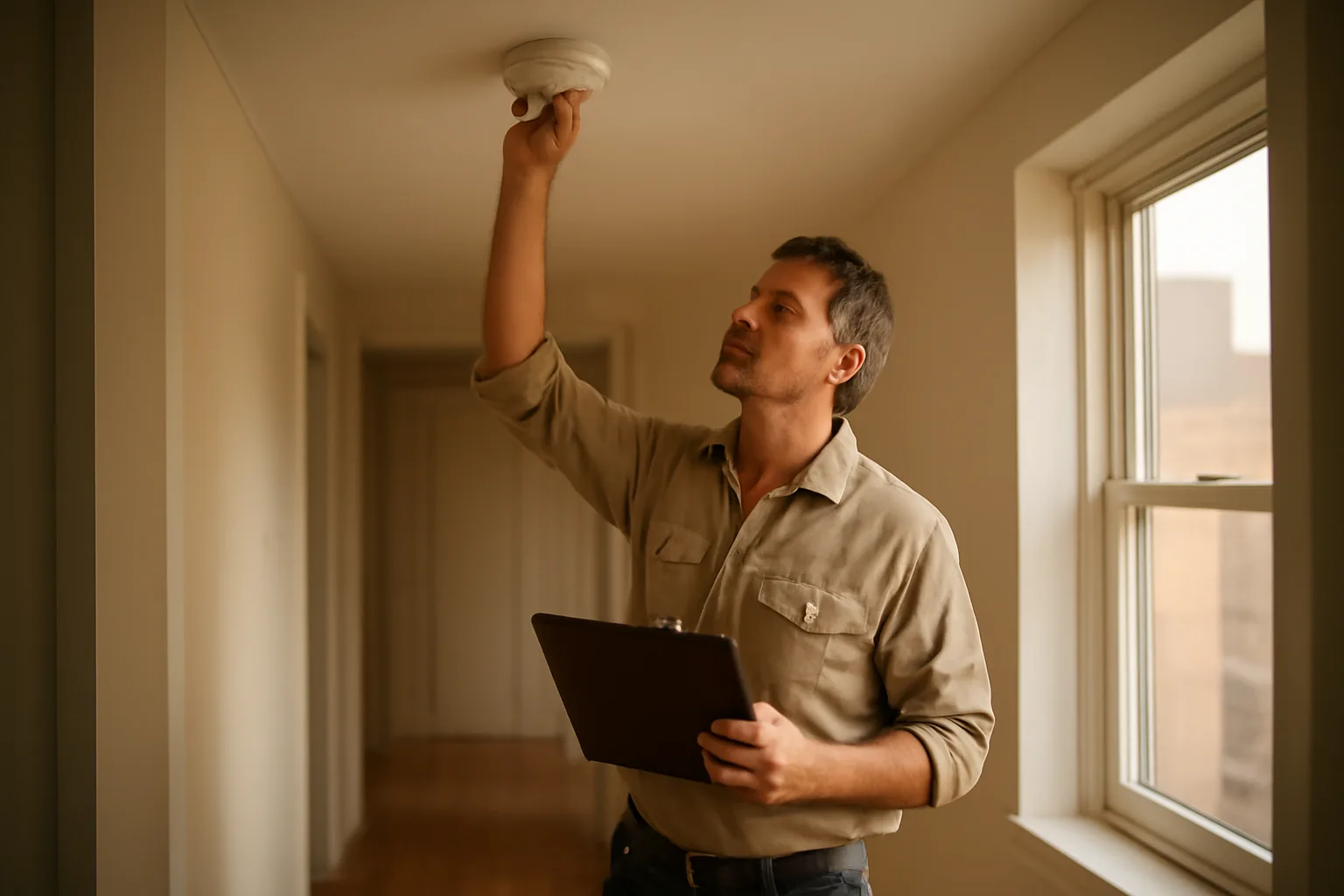 Landlord checking a smoke detector during a rental unit inspection walk-through