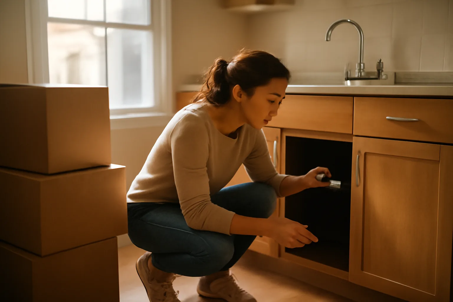 Tenant checking under a kitchen sink during a rental move-in walkthrough