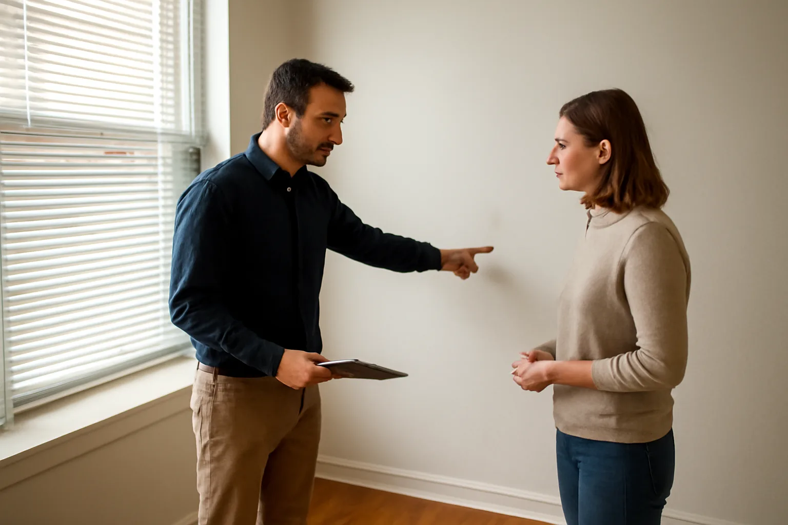 Landlord and tenant reviewing wall condition during a rental unit walk through