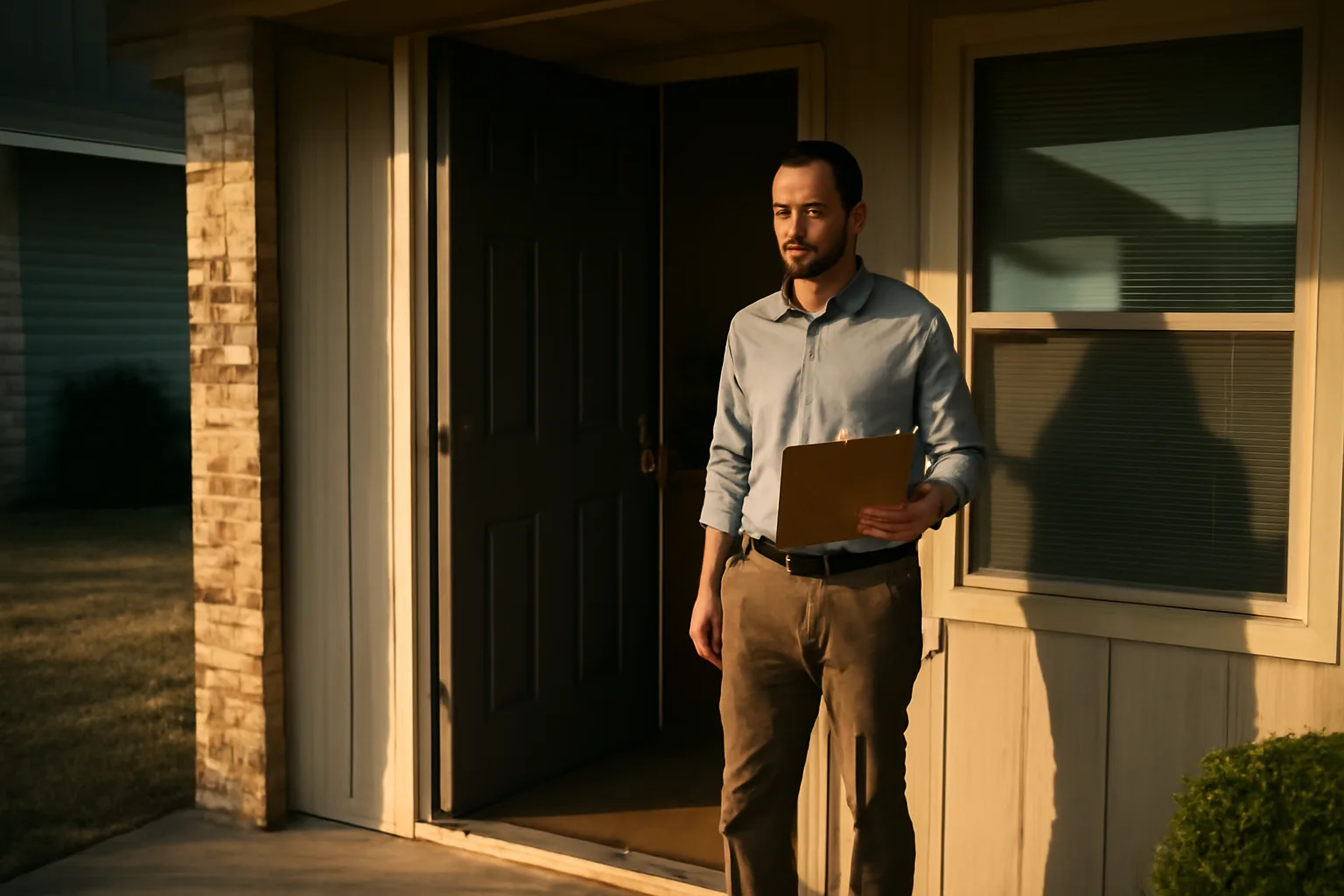 Landlord standing at open door of a Texas rental home during a property visit