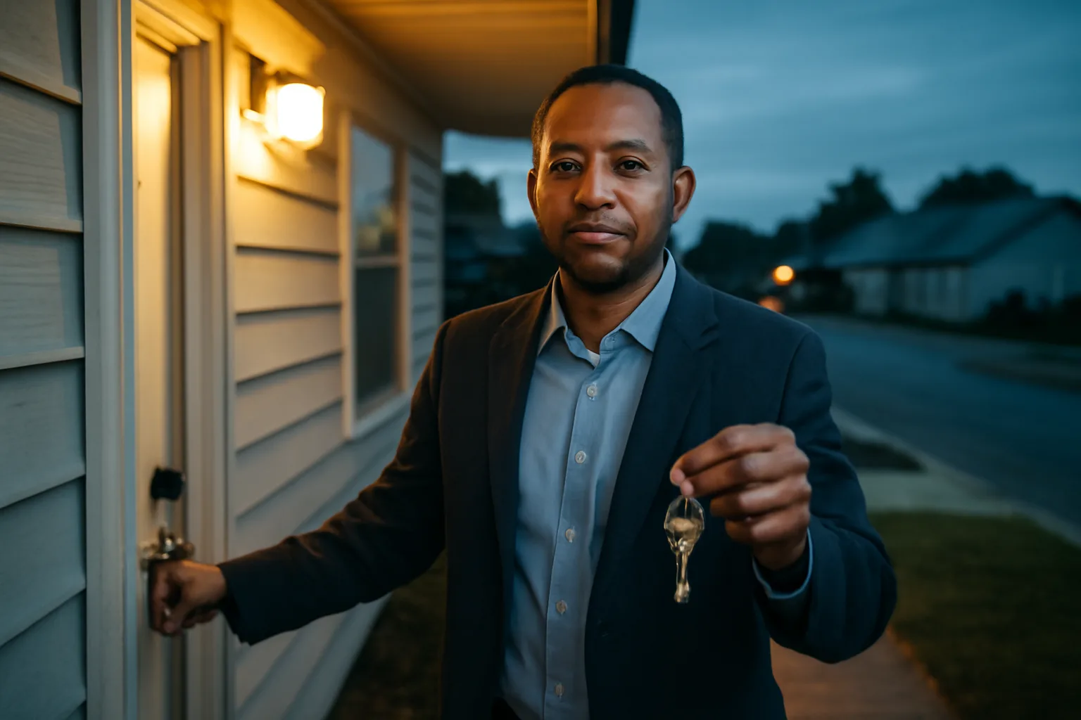 Landlord standing at open door of a rental house at dusk holding keys